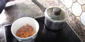 Karotte und Süßkartoffel in einen Topf für Hundefutter einrühren.