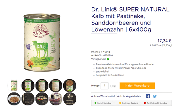Dr. Link SUPER NATURAL Kalb mit Pastinake, Sanddornbeeren und Löwenzahn gehört zu den besten getreidefreien Hundefuttersorten.